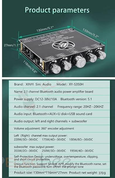 TPA3251D2 2.1CH 220Wx2 + 350W DC12-38V Bluetooth 5.1 Power Supply Audio Amplifier Board Module