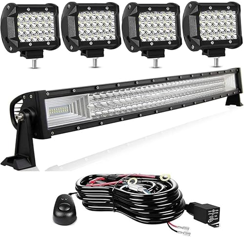 LED Light Bar Kits - 32IN Curved 405W Triple Row Offroad Driving LED Light Bar+ 4pc 4inch 72W Led Pod Lights with Wiring Harness Fit for Pickup Trucks SUV ATV UTV Boat Lights