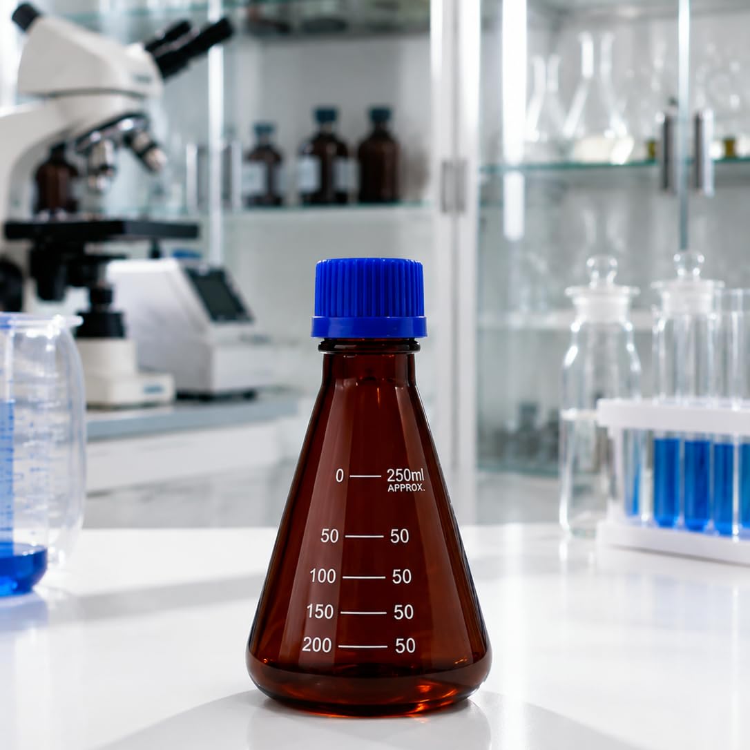 VIDOO Bursztynowa Kolba Erlenmeyera z Zakrętką GL, ze Szkła Borokrzemowego z Podziałką Laboratoryjna Kolba Stożkowa, GL45 2000ml