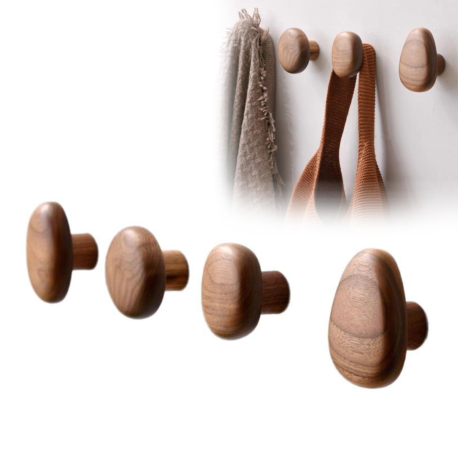 jackfru Wooden Coat Hooks 4-Pack – Heavy Duty Wall Mounted Coat & Bag Hangers, Natural Wood Entryway Hooks for Towels, Clothes, Bags (Dark Walnut)