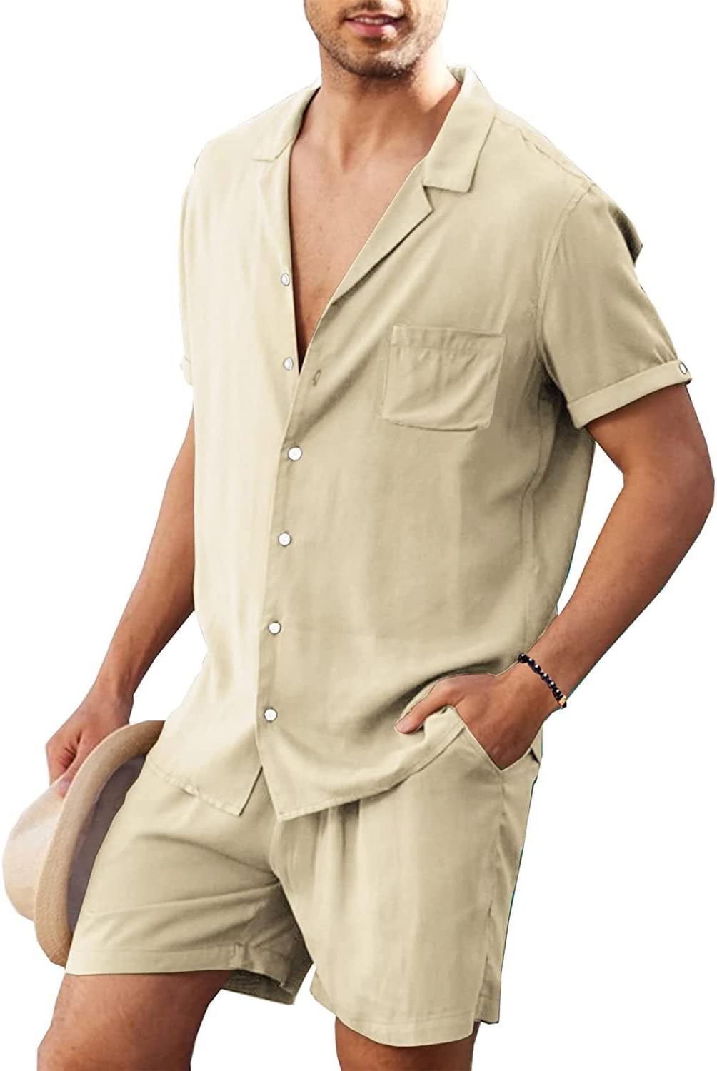 NC 2 Pcs Men's Short Sleeve Shirt Top and Shorts Set Pure Color Suit Button-Down Comfortable Shorts Easy to Iron Business Shirt Summer Beach Vacation Outfits Sets for Men Gift for Boy Friend Father