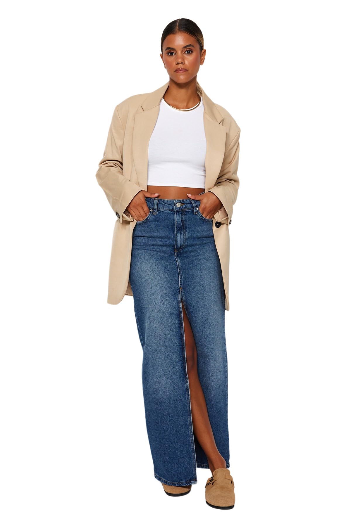 TRENDYOL Women's Blue Slit Maxi Denim Skirt Twoaw24et00058, 8