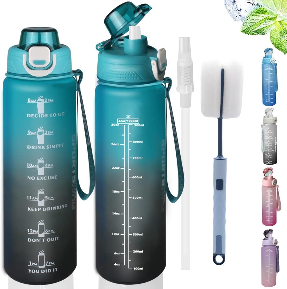 Water Bottle, 1 Litre Sport Water Bottle with Straw, Time Marker & Lock