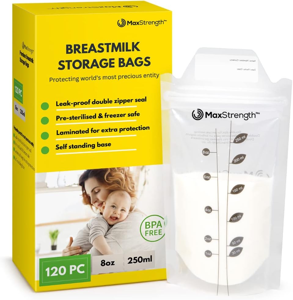 Breastmilk Storage Bags 120pc Set, BPA Free 250ml Pre-Sterilised, Extra Thick Leak Proof Breast Milk Saver Bags, Zipper Seal, Self-Standing, Best for Fridge & Freezer Containers
