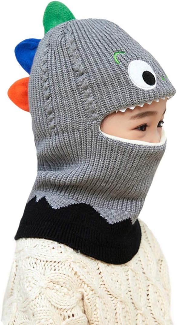 Kids Boys Girls Dinosaur Winter Knit Hat Baby Toddler Thick Scarf Earflap Hood Scarves Skull Caps