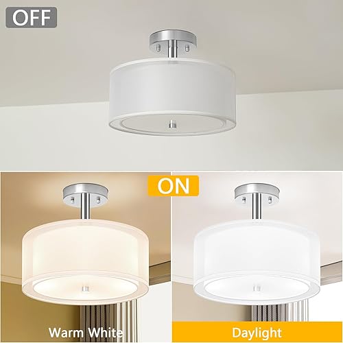 Miniatura 2 de Lámpara de techo semiempotrada de 3 luces, lámpara de techo de 12 pulgadas con pantalla de doble tela, lámpara de tambor para dormitorio, cocina,