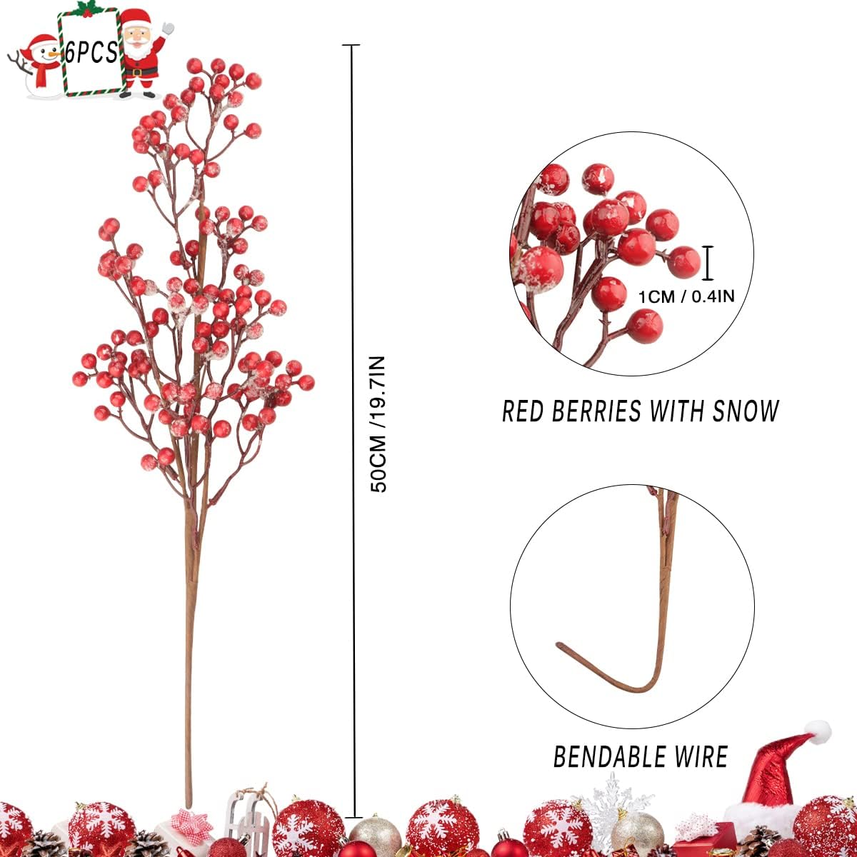 6 PCS Artificial Red Berry Stems,19.7 Inch Long Burgundy Red Berry Picks Holly Berries Branches for Christmas Tree Decorations Crafts Wedding Holiday Season Winter Décor Home Decor - Image 3