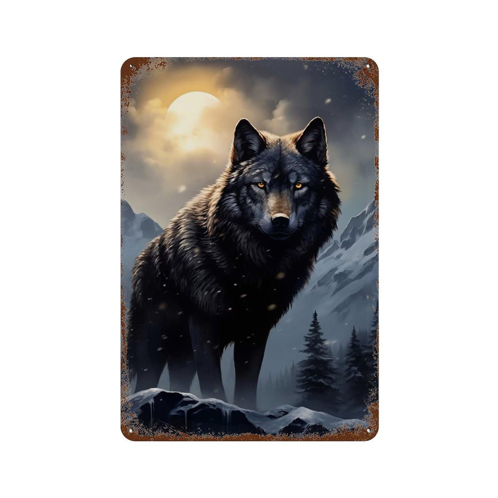 Black Wolf in Snowy Mountains Aged Metal Wall Plaque 11.8"x7.9", Old School Wall Decor for Garage, Pub Or Kitchen