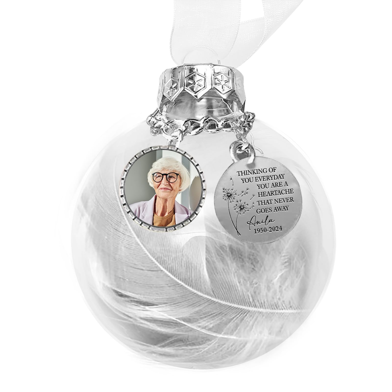Christmas Ornaments Memorial Gift Bauble - Christmas Ball Ornaments Memorial Baubles Feather Ball with Custom Photo and Name Hanging Pendant Feather Ball Christmas Tree Decorations