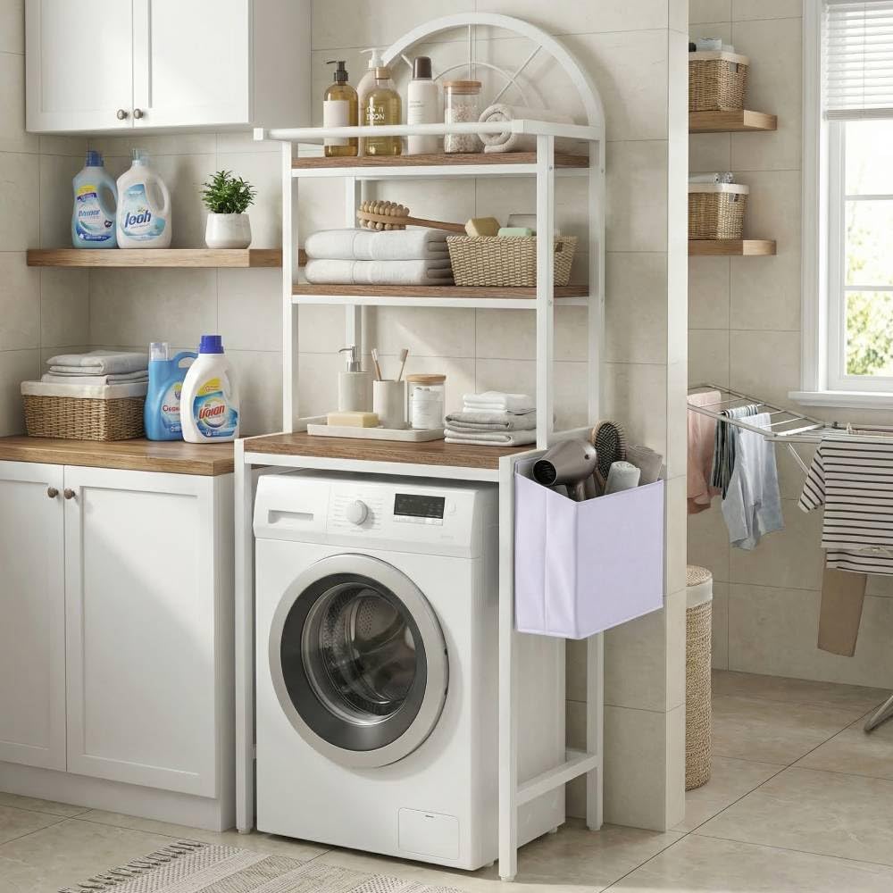 YITAHOME Over Washing Machine Shelf, Over-Toilet Shelf with 3 Shelves, Arch Design, Metal Wood Material with a fabric storage bag, 64.5 x 190 x 40cm, White