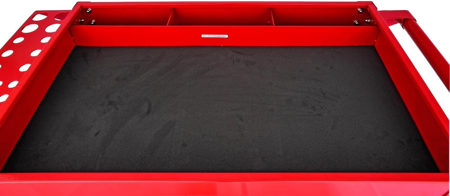 JEGS 3-Shelf Shop Cart | 200 LBS Total Capacity | Red Powder Coat Finish | Drawer Liners Included | Smooth Ball-Bearing Glides | 31.625 x 16.125 x 31.5 inches