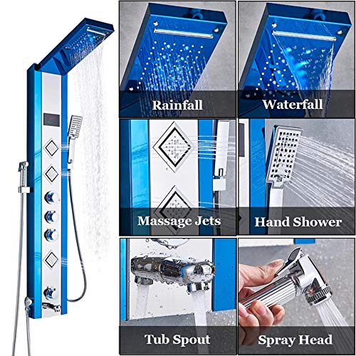 Panel de Ducha Termostático en Torre de Acero Inoxidable con Sistema LED y 5 Funciones, Hidromasaje Único y Ducha Cascada miniatura 7