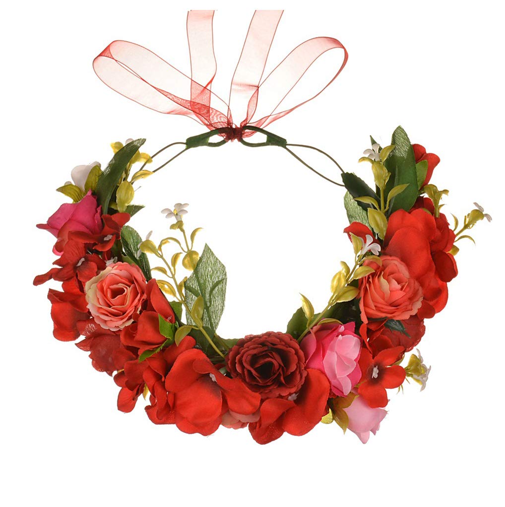 Blumengirlande Stirnband Rose Blumenkrone Haarkranz Floral Halo Kopfschmuck Boho mit Band Hochzeit Party Fotos Rot