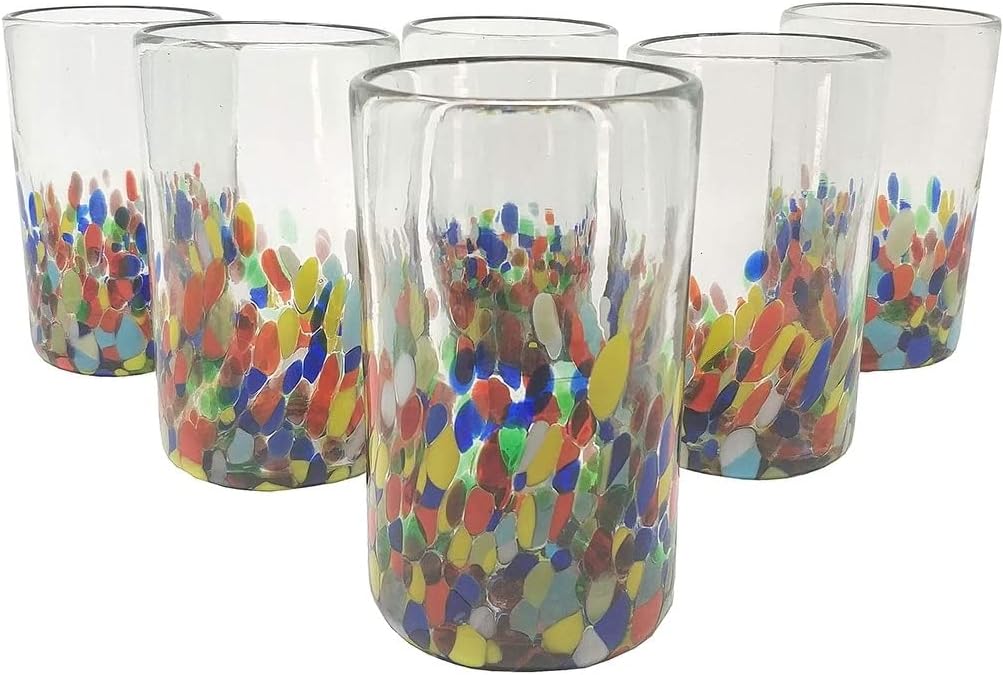 Unknown1 Hand Blown Mexican Drinking Glasses Set of 6 Confetti Design (14 Oz Each) Multi Color Glass