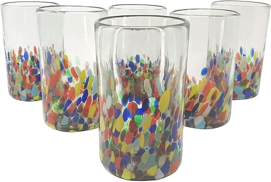 Unknown1 Hand Blown Mexican Drinking Glasses Set of 6 Confetti Design 14 Oz Each Multi Color Glass