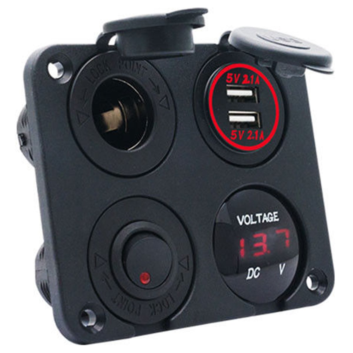 Dual USB Socket Charger 2.1A&2.1A + LED Voltmeter + 12V Power Outlet + ON-OFF Toggle Switch 4 in 1 Multi-function Panel for Truck Trailer Camper Motorhome Marine Car Boat Mobiles (Red)