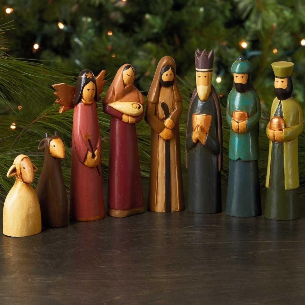 Folk Art Nativity Scene, Set of 8 Pieces, Tabletop Christmas Decorations, Collectible Figurines, Baby Jesus Holy Family Manger Scene, Indoor Xmas