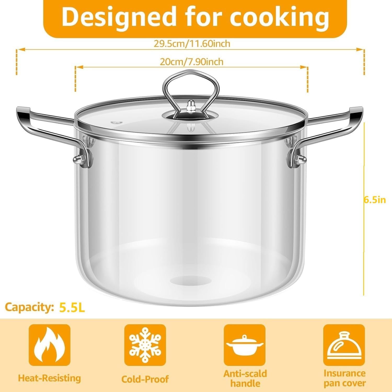 Pentola di vetro trasparente con coperchio da 4 litri. Pentola resistente al calore da 5 litri con manici in acciaio inossidabile, utensili da cucina per cuocere a fuoco lento per pasta, gnocchi