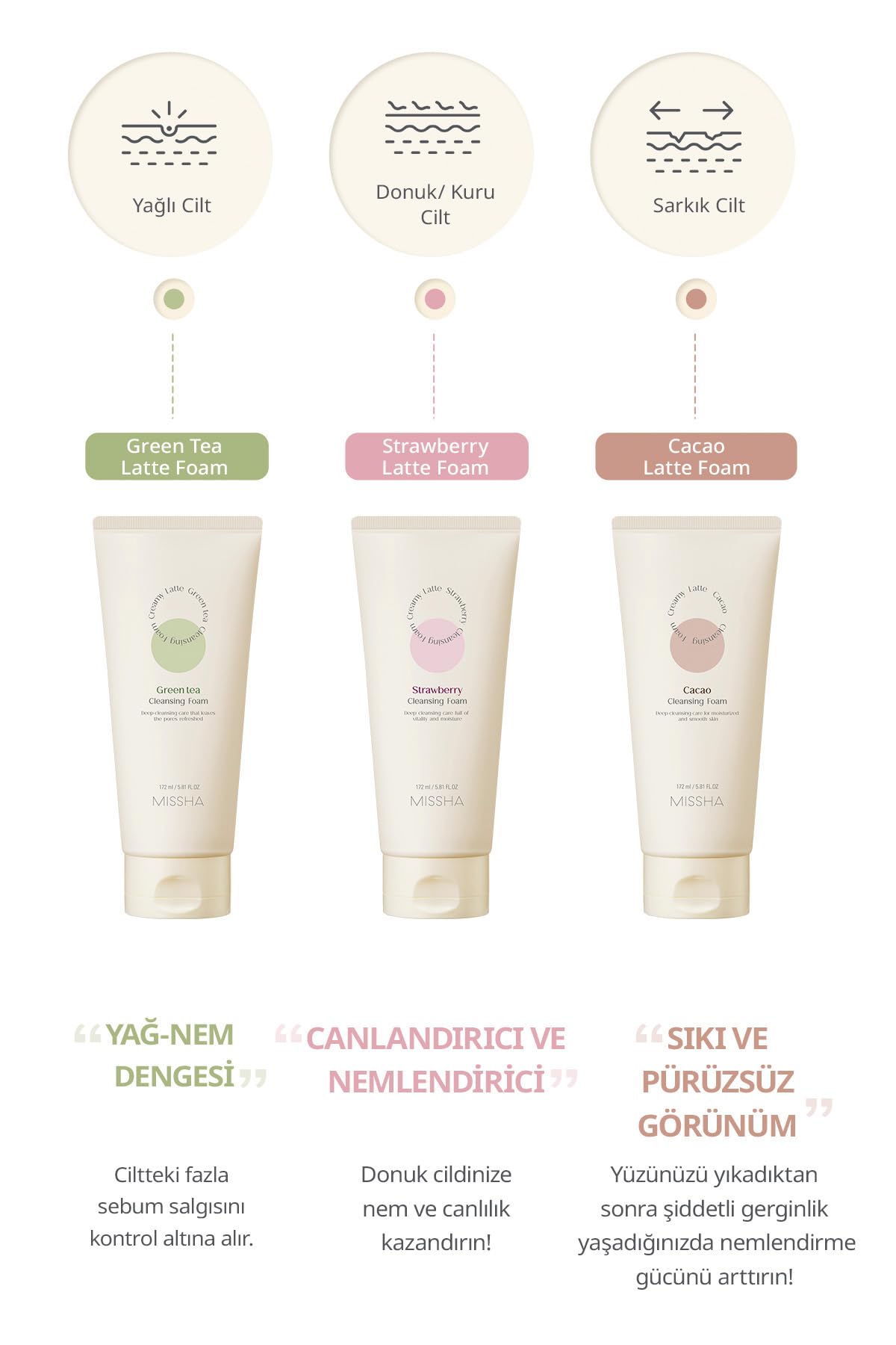 MISSHA Yağlanma Karşıtı, Arındırıcı Temizleme Köpüğü 172ml Creamy Latte Cleansing Foam (Green Tea)