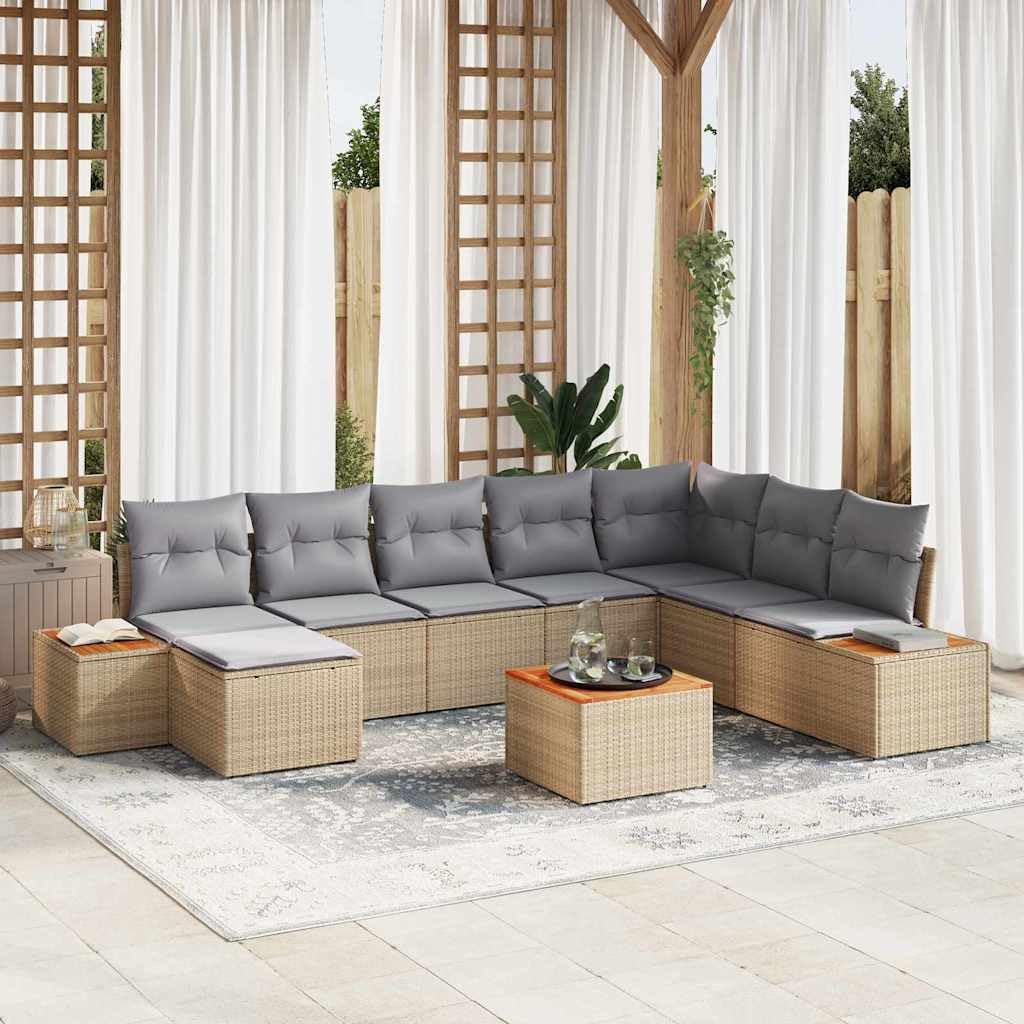 Juego de 9 sofás de jardín con cojín beige y gris claro de polirratán y madera de acacia, sofá modular para terraza y jardín con mesas de café, duradero