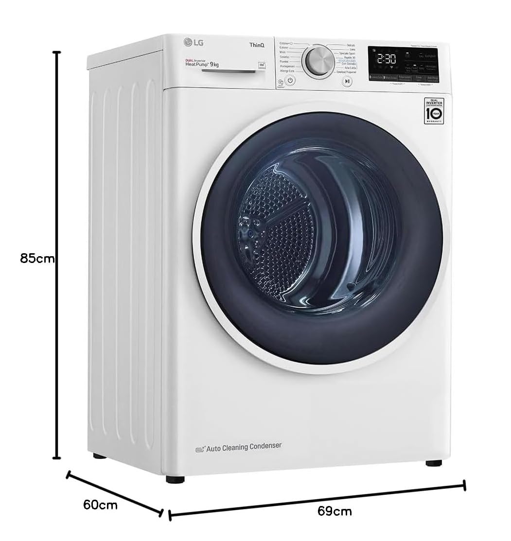 LG RH90V9AVHN Asciugatrice Smart a Carica Frontale 9 Kg, Classe C, Condensazione con Pompa di Calore, Wi-Fi con SmartThinQ, Eco Hybrid, Allergy Care, 60 x 69 x 85 cm - Bianco
