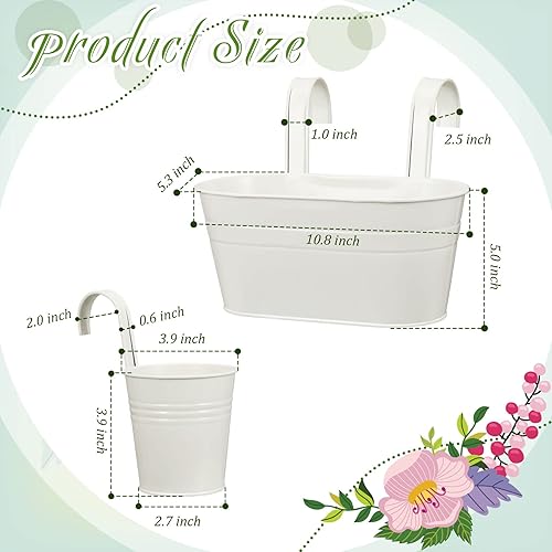 Miniatura 2 de Tessco - 4 macetas colgantes de hierro de metal de 5.3 x 10.8 pulgadas y 4 macetas de 3.9 pulgadas para barandilla, valla blanca, soporte para