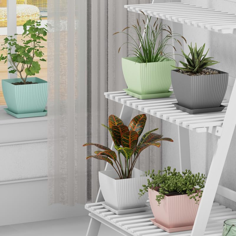 Image of StyleX Store Plastic Square Flower Pots with Tray | Durable Outdoor Indoor Planters with Drainage Hole Saucers | Stylish Plant Containers for Home, Garden, Office, and Balcony (Set of 5, Multicolour)