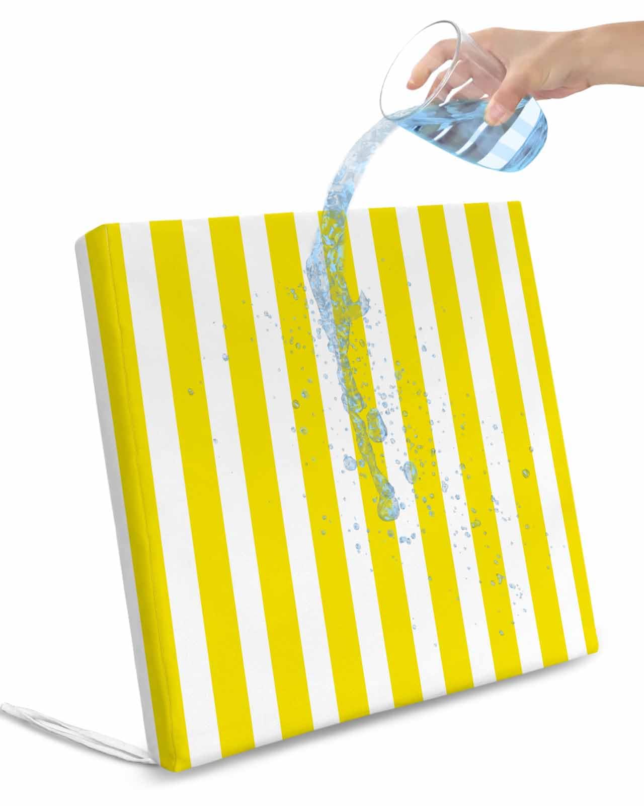 2 Pack Yellow Stripe Waterproof Cushion Covers with Ties Outdoor Patio Chair Seat Cushion Slip Covers Replacement(Only Cover) Geometric Boho Striped Modern Abstract White 20''x18''x4''