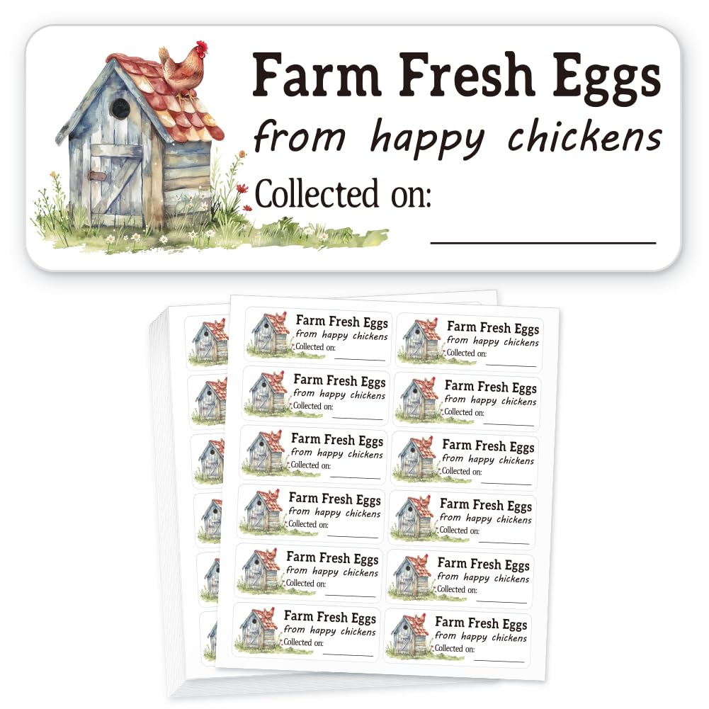 GOMAKERER 180 Pcs Farm Eggs Laid on Stickers Collected Date Writable, 1x2.64 Inch(2.5x6.7cm) Chicken Farm Fresh Eggs Stickers PET Adhesive Egg Carton