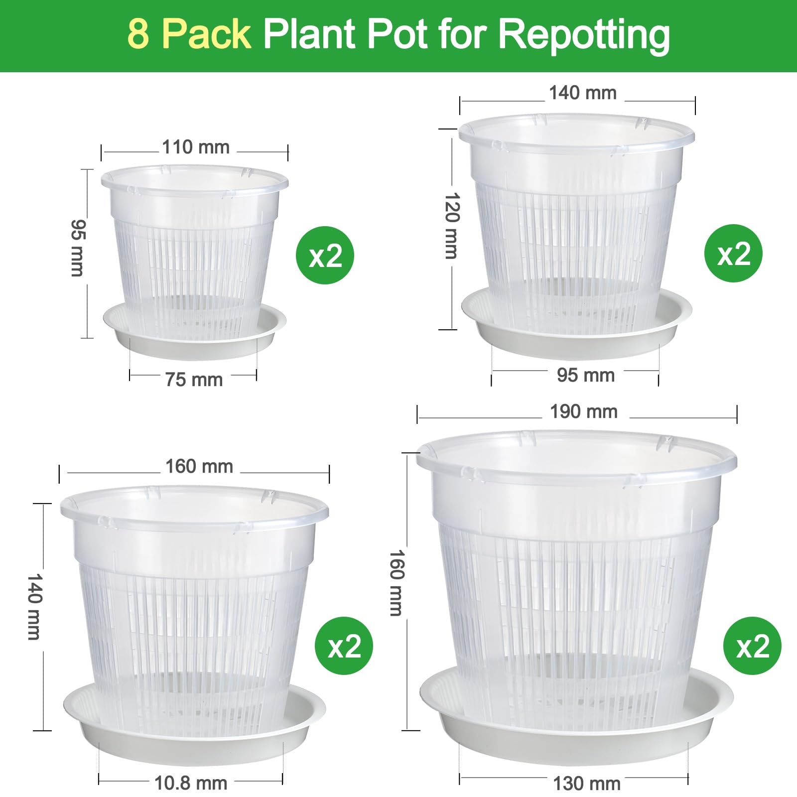 IWTTWY Clear Orchid Pot, 8 PCS Plastic Plant Pots with Drainage Hole and Tray - Image 2