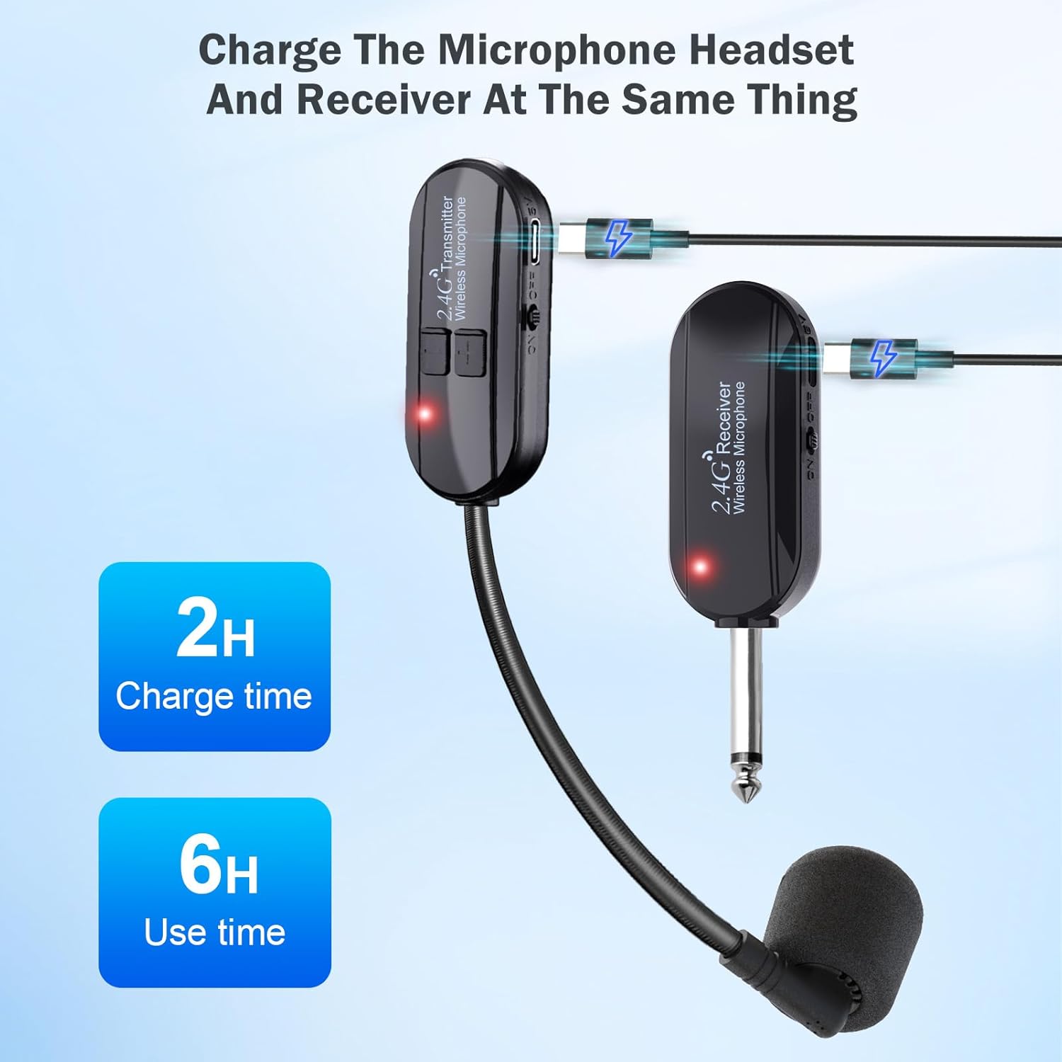 Wireless Microphone Headset Double Professional: Cordless Mic Head for Two People, Heads Handheld Mics 2 in 1- USB-C Rechargeable - 1/4'' and 1/8'' Plug for PA System, Voice Amplifier,Teaching,Fitness - Image 6
