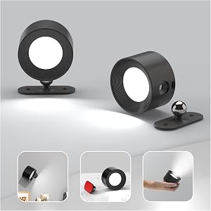 Koopala 2PCS Rechargeable Battery Operated LED Wall Lamps, Wall Mounted Lights with 3 Brightness 3 Color Temp Removable Charging 360°Rotate Magnetic, Cordless Wall Sconces for Reading Bedside-Black