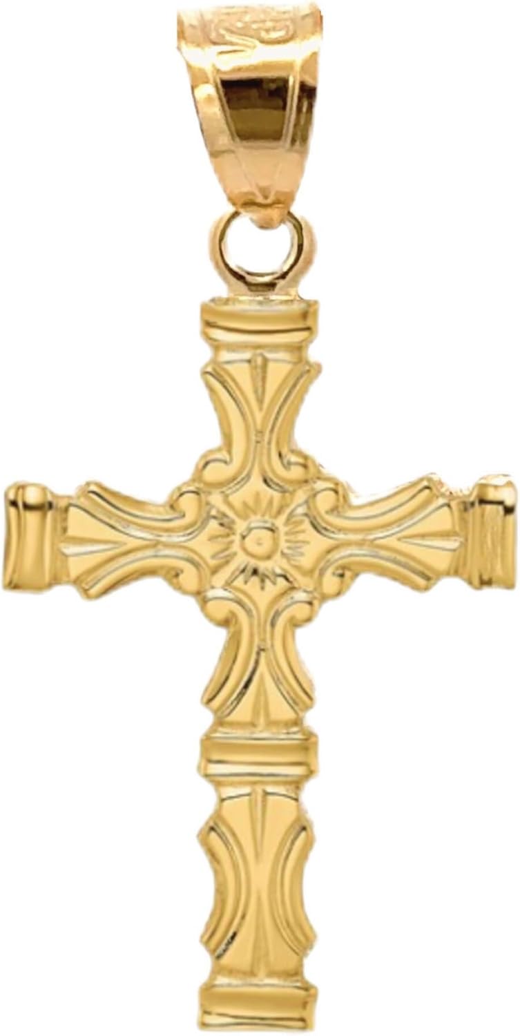 CROSS + CROWN Premium 14K Yellow Gold Cross Pendant in Regal Scroll Design, Durable Double-Bonded 14K Pendant for Necklace, Women & Mens Gold Cross for Chain, Handcrafted Religious Jewelry in the USA