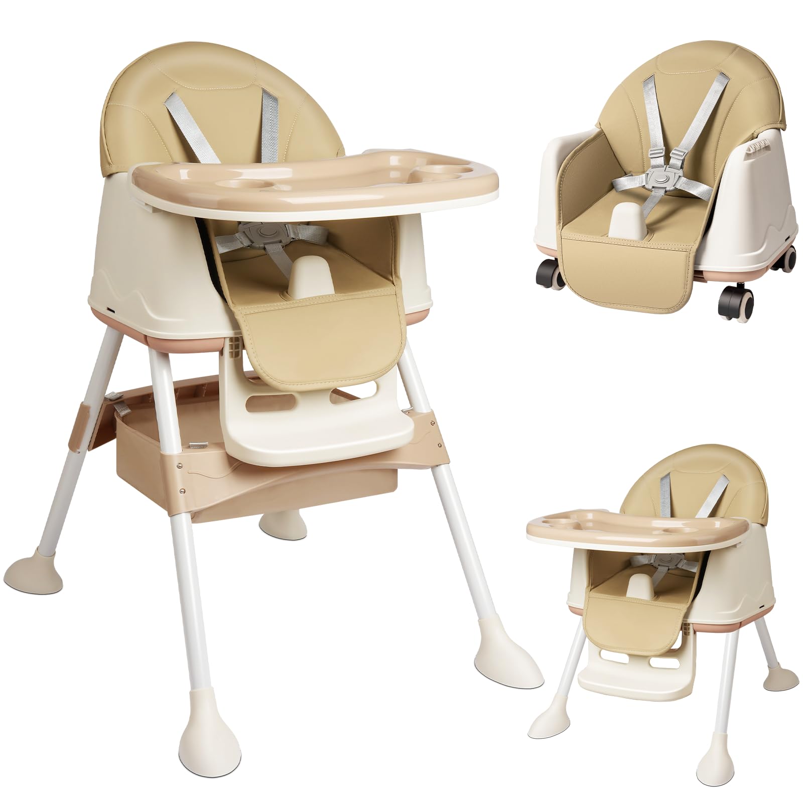 SAILUN Baby High Chair, 3-in-1 Convertible Highchairs, Comfortable Toddler Chair, Adjustable Height, Children's Booster Seat with Removable Double Tray, Wheels, Baby Chair for 6-36 Months, Beige