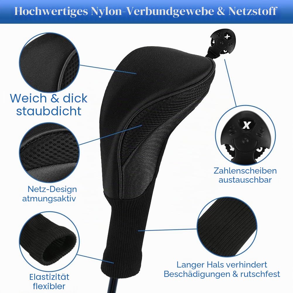 Number-one Golfschlägerhauben für Fairwayhölzer, Driver-Hybrids, 3-teiliges Set mit langem Hals, Netz-Golfschlägerhauben mit austauschbaren Nummern 3, 4, 5, 6, 7 X