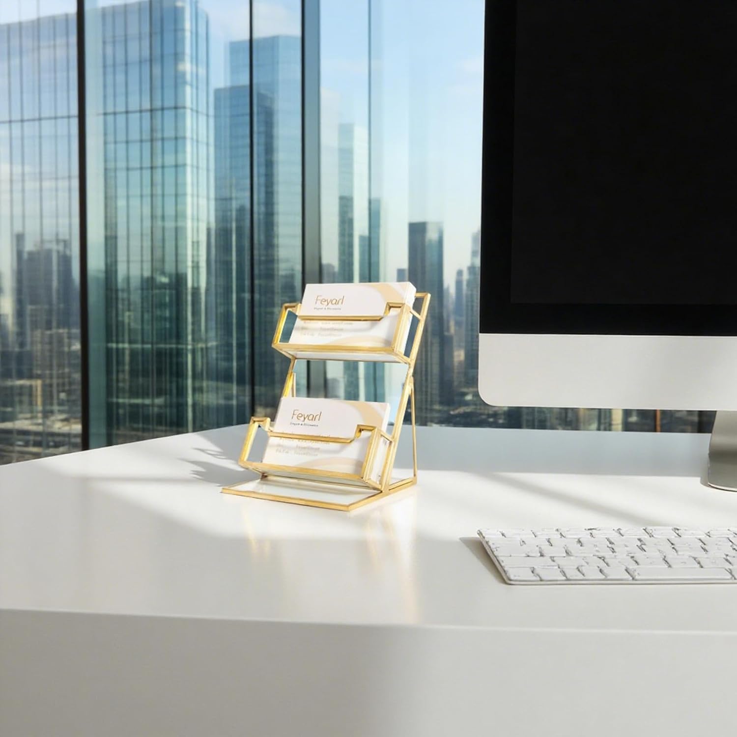 Feyarl Gold Glass Business Card Holder Business Cards Stand Desktop Name Cards Display Stand Organizer Storage for Office Desktop Meeting Exhibition Store