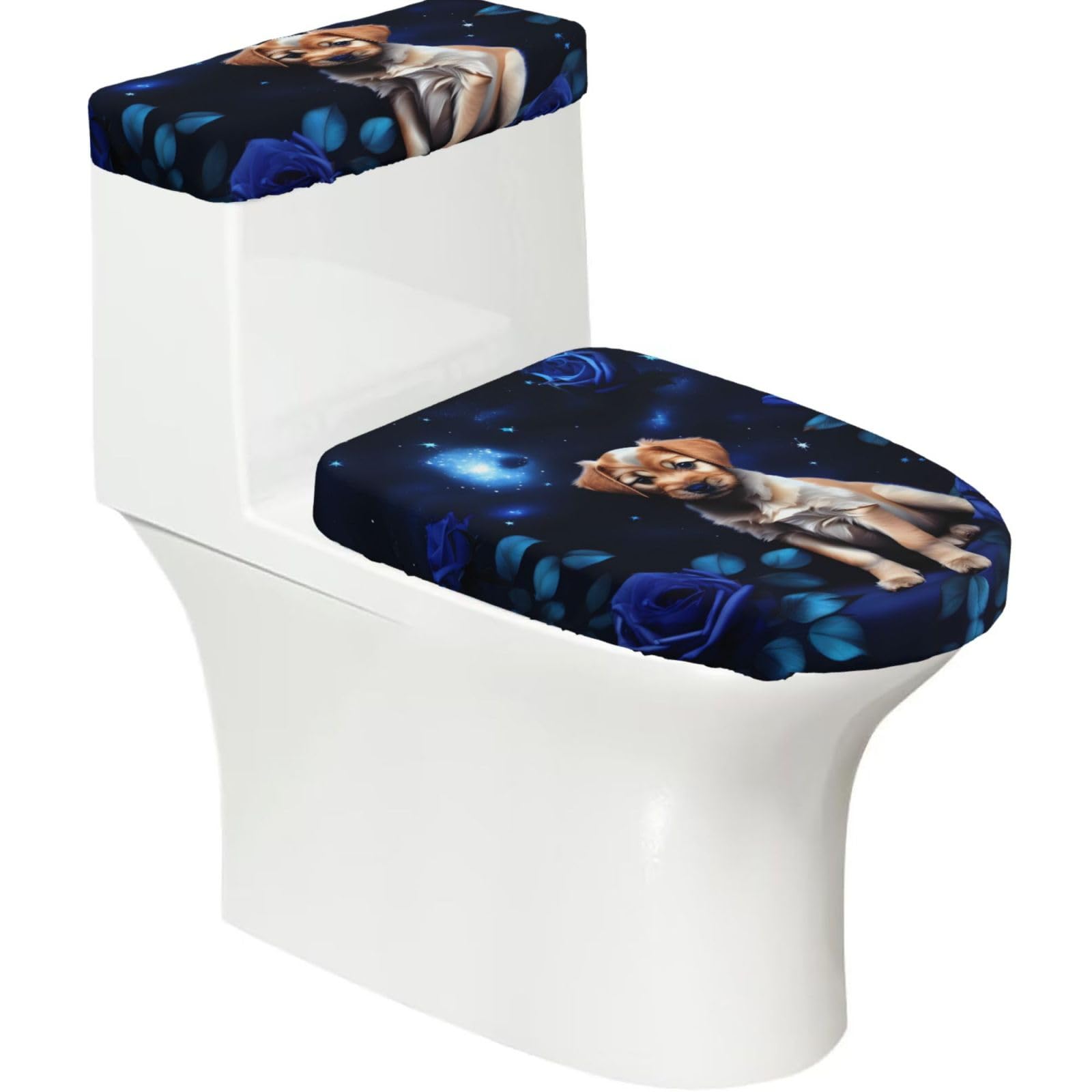 Puppy Blue Rose Elastic Toilet Cover Set of 2-Stretchy Lid and Tank Covers for Bathroom, Soft Washable U Shape Toilet Decor