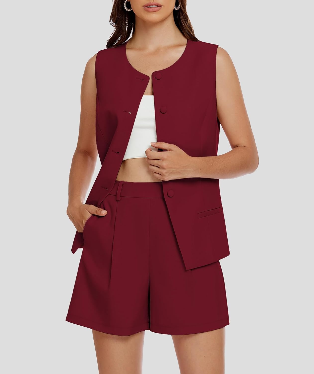 Casly Lamiit Women's Summer 2 Piece Short Sets Crew Neck Button Down Vest with Pockets for Business Casual Work Blazer Set - Image 3