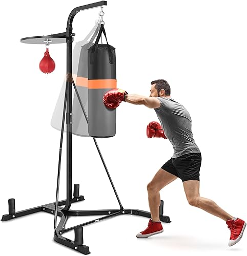 Goplus Soporte de boxeo para bolsa pesada y bolsa de velocidad, estación de soporte de bolsa de arena independiente resistente para gimnasio en