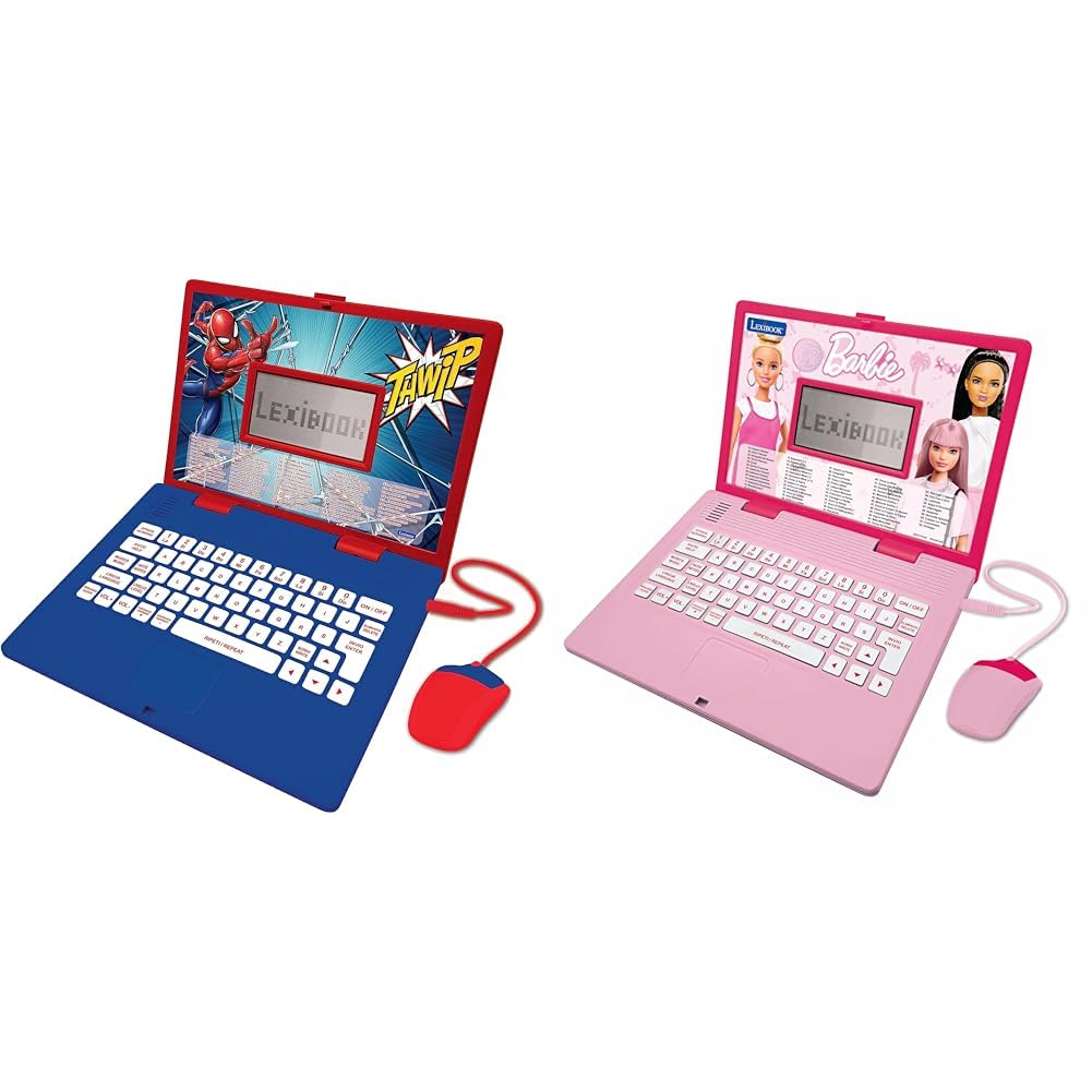 Lexibook - Spider-Man Computer portatile educativo bilingue italiano/inglese & Barbie, Laptop educativo e bilingue in Inglese/Italiano