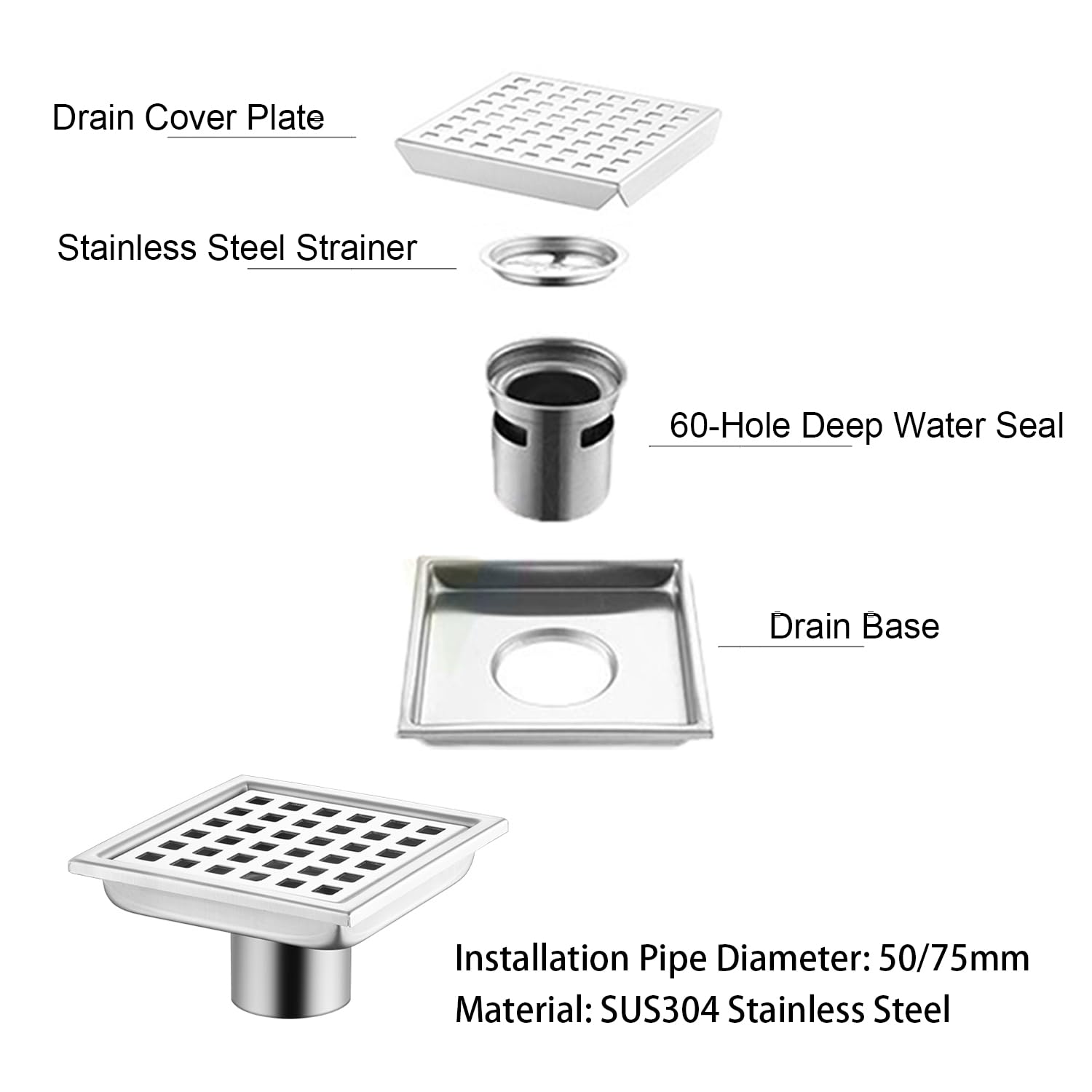 Caniveau de douche carré - 15 x 15 cm - Drain de douche - Siphon 360° avec filtre anti-odeurs et filtre à cheveux - 2 en 1 - Pince en acier inoxydable - Pour salle de bain, cave, intérieur et