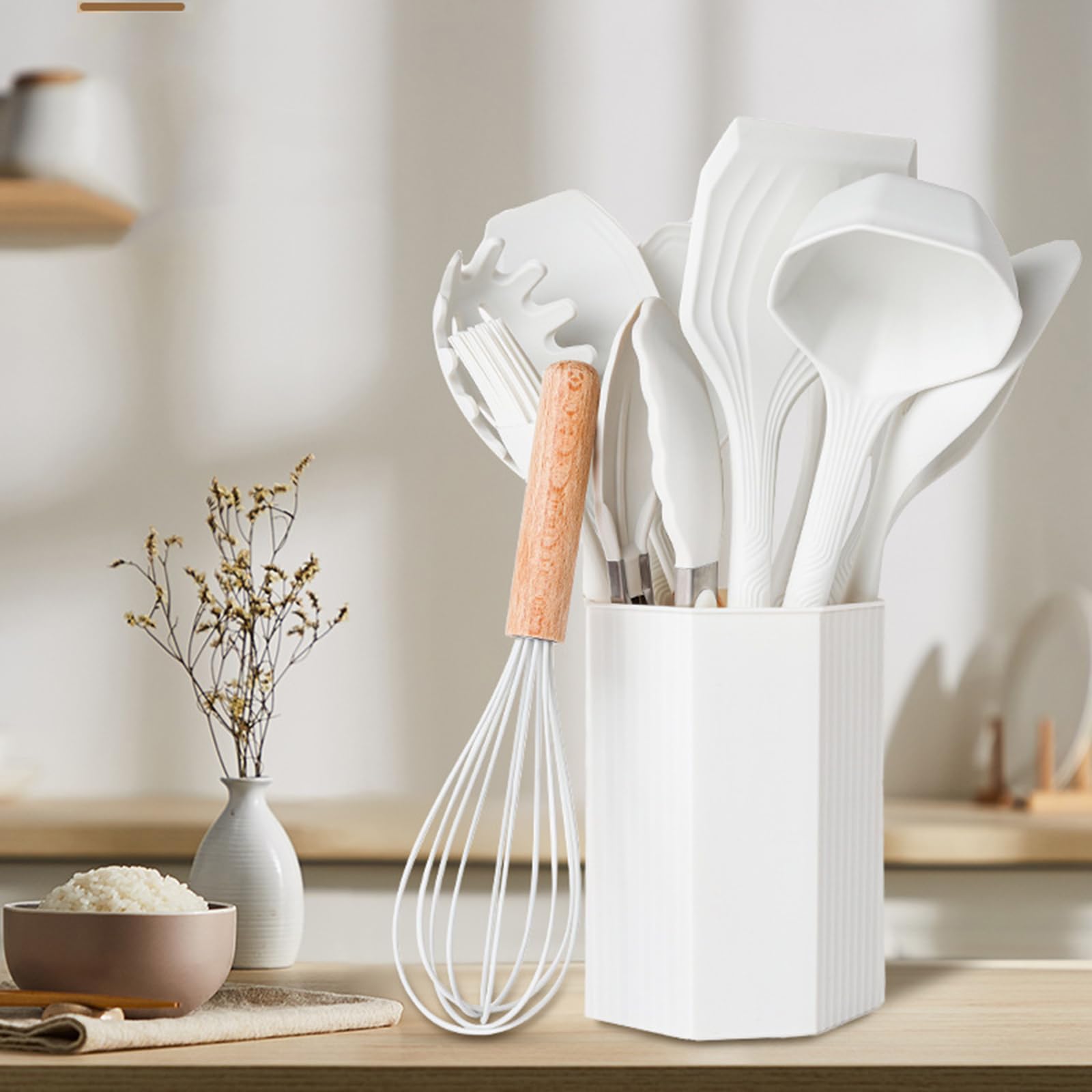12 Stück Küchenhelfer Set, Silikon Küchenutensilien Set, Antihaft Hitzebeständiger Holzgriff Kochbesteck Mit Utensilienhalter, Silikonspatel Kochgeschirr Set, Spülmaschinengeeignet,Purple