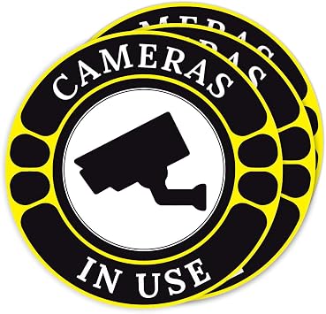 Security Camera Warning Sign Sticker, Cameras in Use, Black and Yellow Round Design, 3-Pack