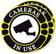 Security Camera Warning Sign Sticker, Cameras in Use, Black and Yellow Round Design, 3-Pack