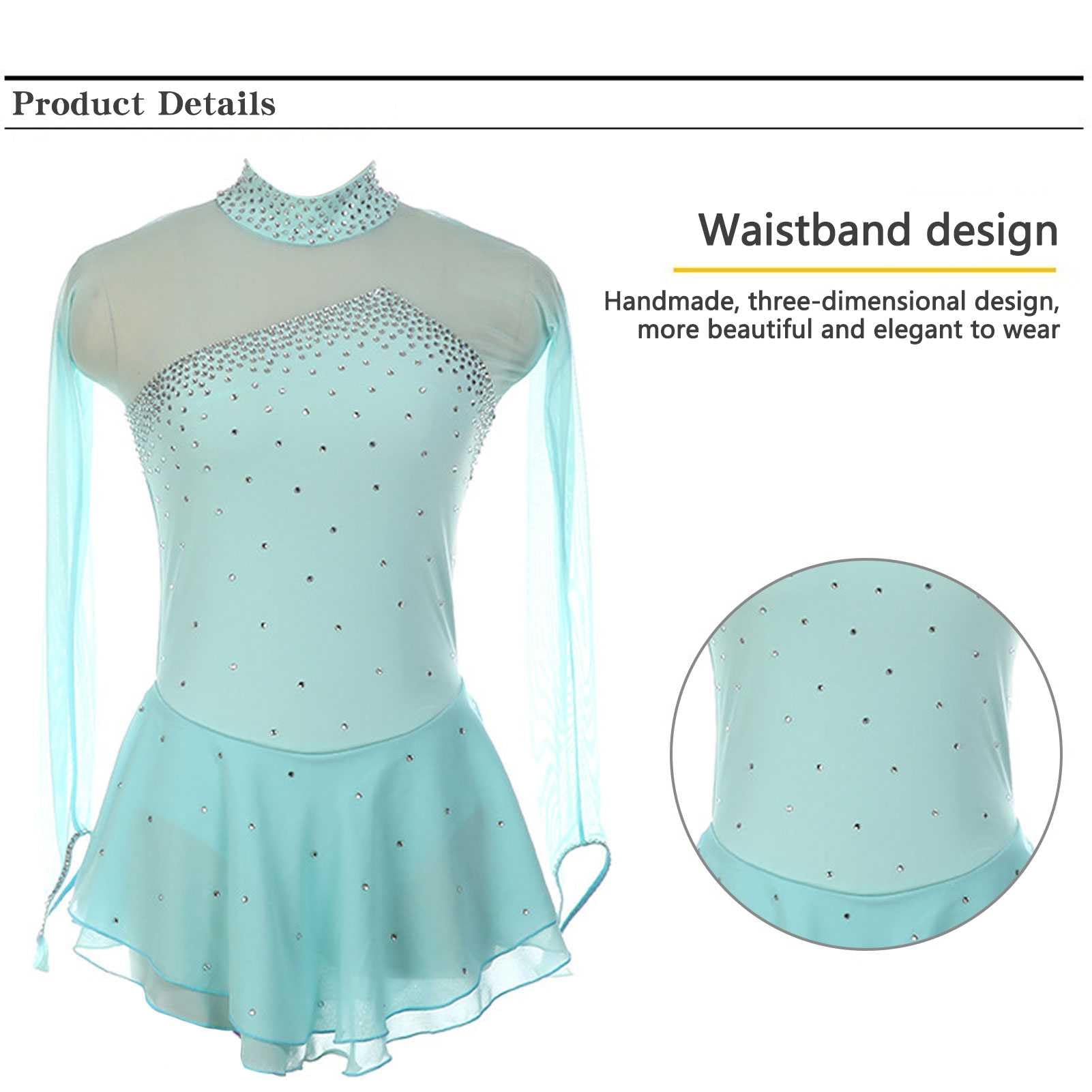 Robe de Patinage Artistique, Fille Femme Strass Justaucorps de Danse Gymnastique à Manche Longue, Robe Compétition De Patinage sur Glace