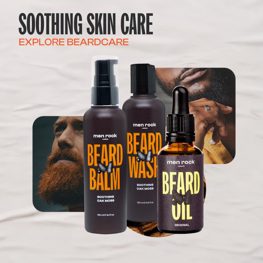 Men Rock Beard Care Gift Set with Beard Wash, Beard Balm and Beard Oil to Keep Beard Under Control, Earthy Oak Moss Fragrance 2 x 100ml, 1 x 30ml