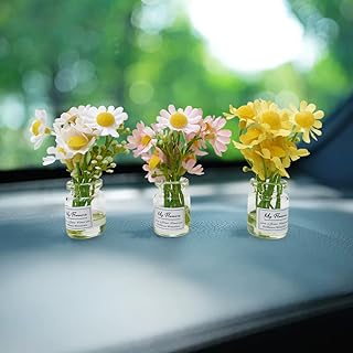 Set of 3 Mini Daisy Flowers in Glass Vase Cute Car Accessories for Rear View Mirror & Dashboard Decorations Funny Car Interior Ornaments for Women Gifts (01#)