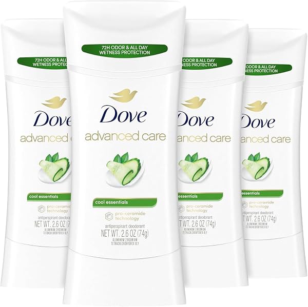 Barra Antitranspirante Dove Advanced Care Cool Essentials 4 pzs para ayudar a reparar la barrera cutánea después del afeitado, control de olor y sudor por 72 horas con Tecnología Pro Cerámida, 2.6 oz
