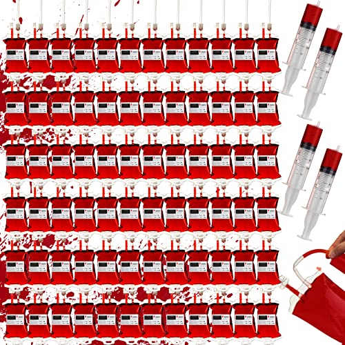 Gandeer 70 Set Halloween Blood Bags For Drinks With 5 Syringes, Reusable 11.8 Oz Iv Blood Bag Drink Pouches With Labels And Clips For Halloween Vampire Zombie Party Decoration Supplies