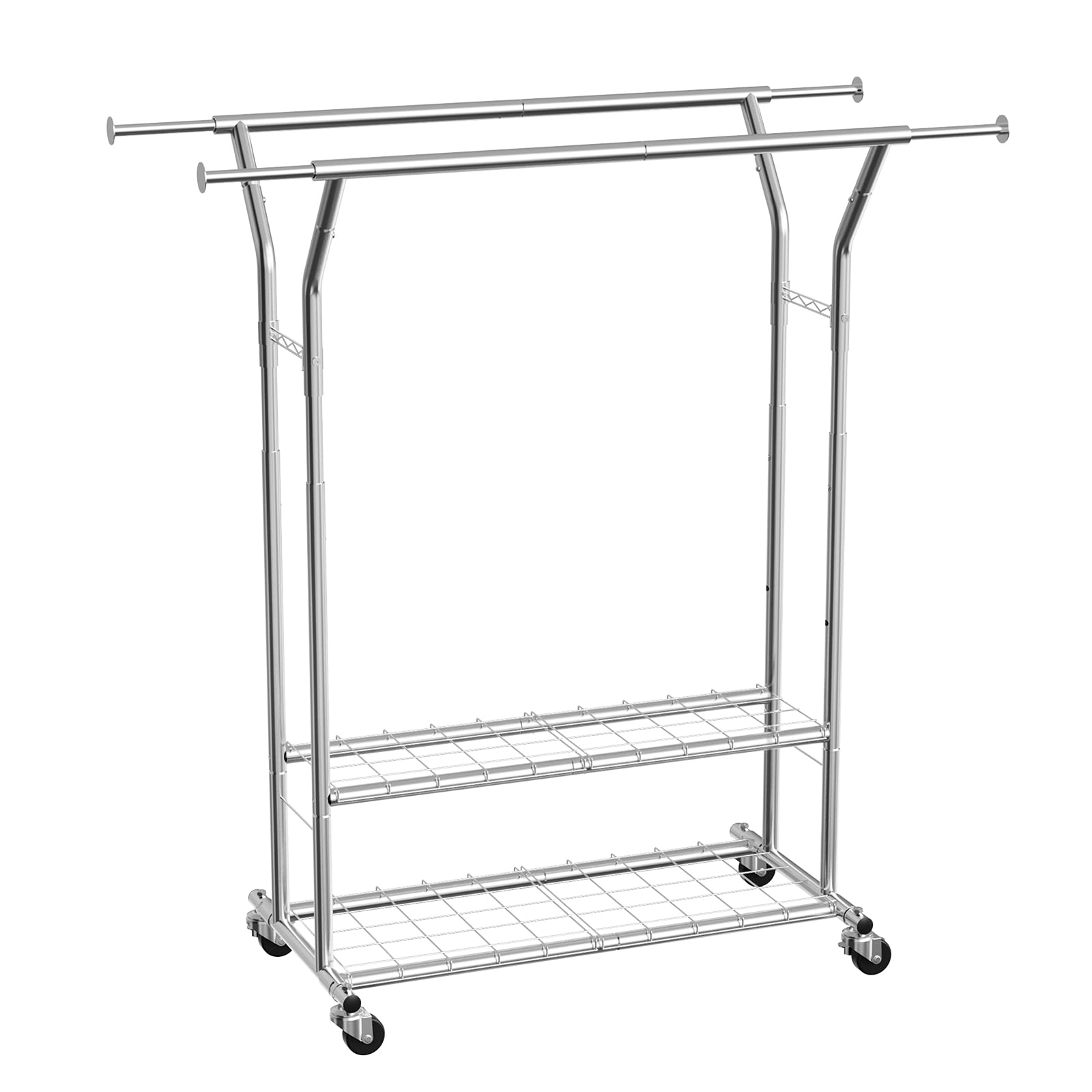 VEVOR Perchero Burro para Ropa de 2 Barras para Colgar y 2 Estantes, con Ruedas, Burro de Ropa Carga de 120 kg, Altura Ajustable, de Acero al Carbono, para Dormitorio, Lavandería, Sala de Estar